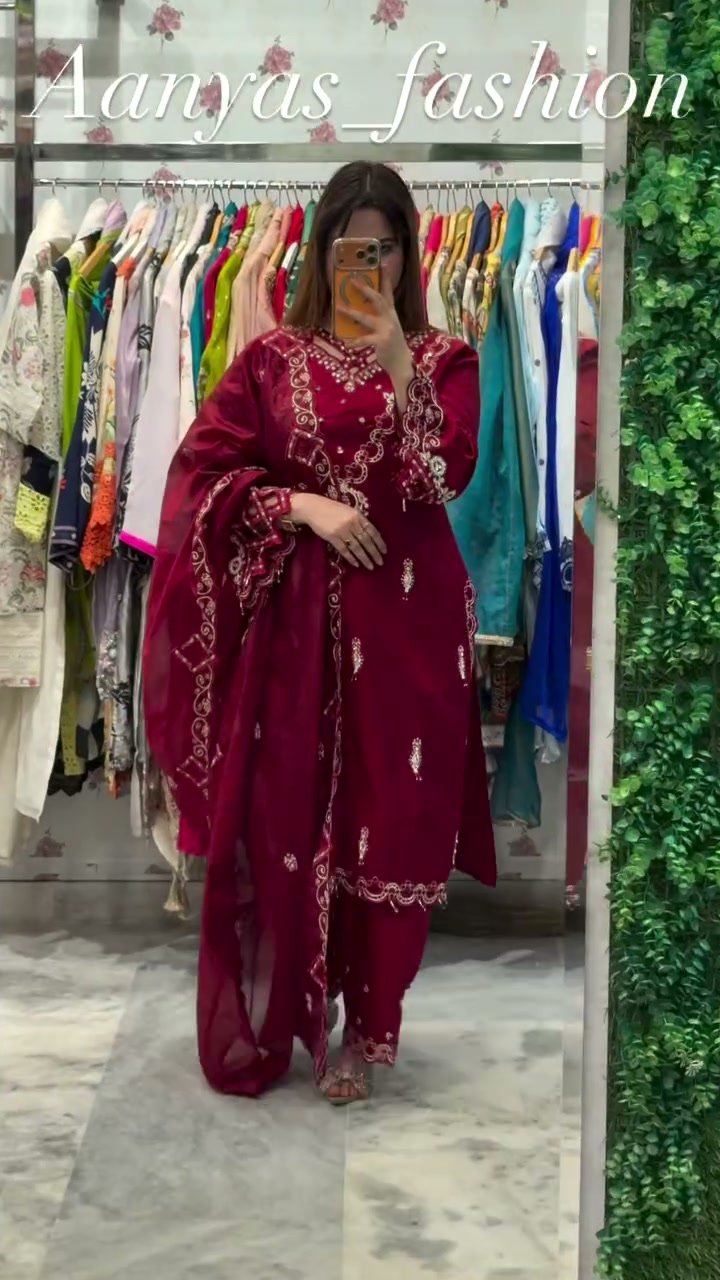 Olive Green Pure Georgette Mirror Work Borders Salwar Suit