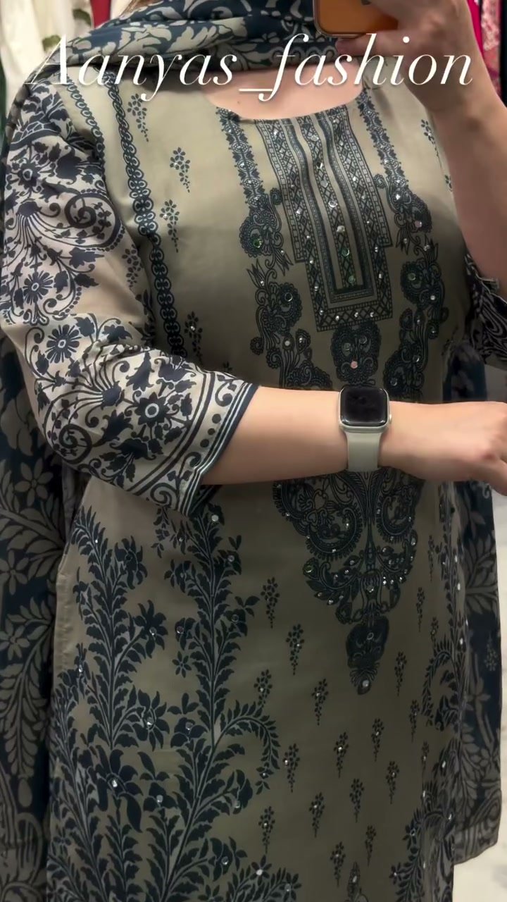 Celestial Beige & Olive Printed Suit Set